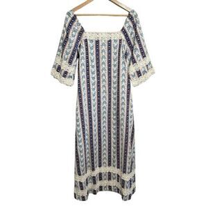 Princess Kaiulani Hawaiian Maxi Floral Dress L 16 Short Sleeves Lace Hem Boho